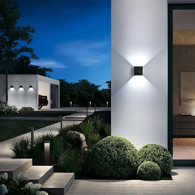 4 Pack Outdoor Wall Lights Exterior/Interior LED Wall Sconces IP65 Waterproof Square Aluminum Wall Lamps Outdoor Lighting Fixture Up and Down Lights Modern Black 12W 6500K Cold Lights