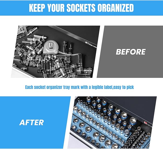 Magnetic Socket Organizer - 6-Piece Tool Storage for SAE & Metric Drive Sockets - Clear Size Markings, Deep Slots, Powerful Magnet - Holds 143 Pieces - (Sockets Not Included)