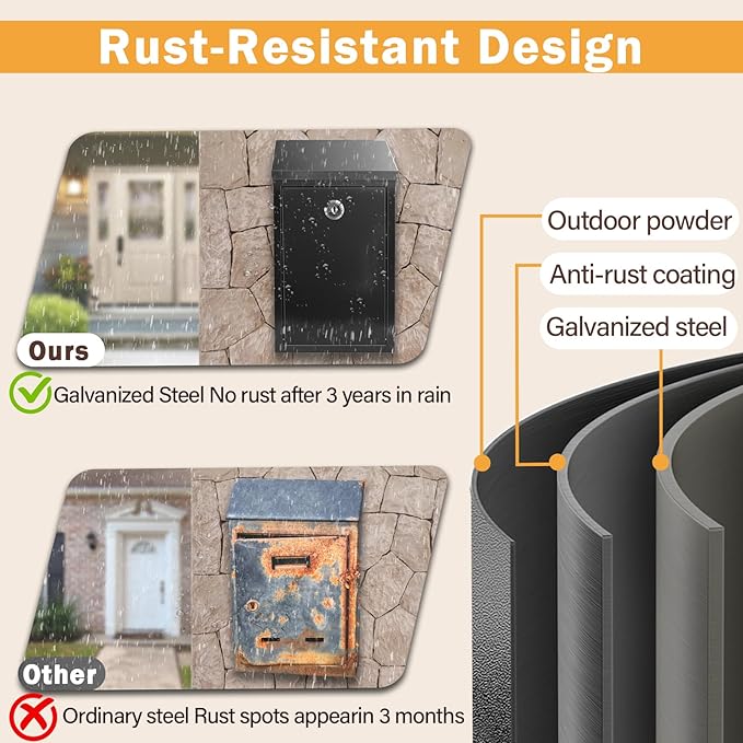 Locking Mailbox with Key for Outdoor 6 x 3.4 x 10.6 Inches Small Wall Mount Mail Box with Lock Security Mail Drop Metal Collection Boxes Hanging Secure Postbox Black