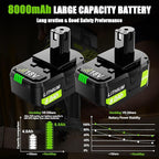 Upgrade 2Pack 8000mAh High Capacity Replacement for Ryobi 18V Battery P108 P104 P105 P102 P103 P122 P109 Li-ION Compatible with All Ryobi 18Volt ONE+ System Cordless Power Tools and Charger