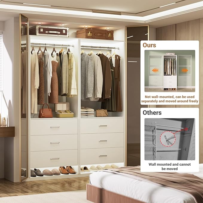 Aheaplus Closet System Closet Organizer, Wood Closet Organizer System, Walk-in Closet or Small Closets Wardrobe, Clothes Rack with Hanging Rods, 4FT Closets, Set of 2, White