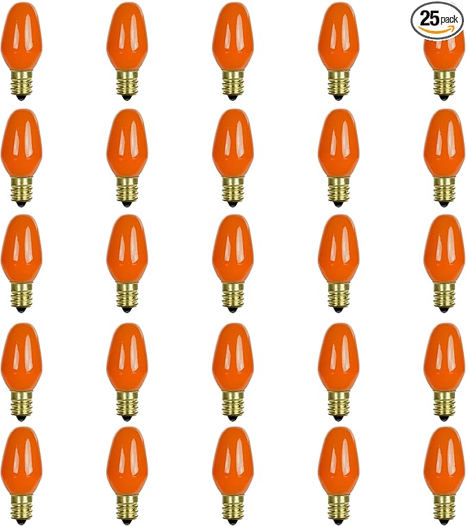Sunlite 01270 7C7 Incandescent Bulb, 7 Watt, Candelabra E12 Base, C7 Small Night Light, Colored Bulb, Orange, 25 Count