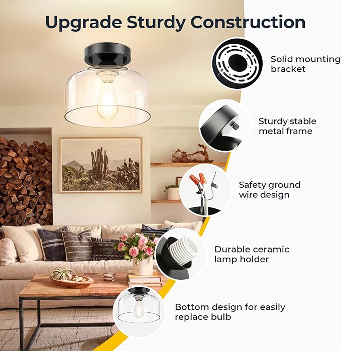 Semi Flush Mount Ceiling Light - Clear Glass Pendant Lamp Shade, Matte Black Finish, Modern Farmhouse Light Fixture for Hallway Corridor Kitchen Entryway Bedroom, Bulb Not Included