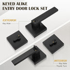 2 Pack Keyed Entry Door Lever and Double Cylinder Deadbolt Set, Keyed Alike Reversible Lockset, Matte Black Square Interior/Exterior Handleset for Bedroom, Front Door