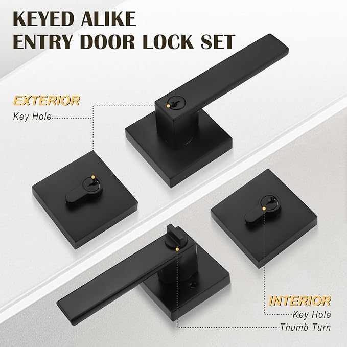 3 Pack Keyed Entry Door Lever and Double Cylinder Deadbolt Set, Keyed Alike Reversible Lockset, Matte Black Square Interior/Exterior Handleset for Bedroom, Front Door