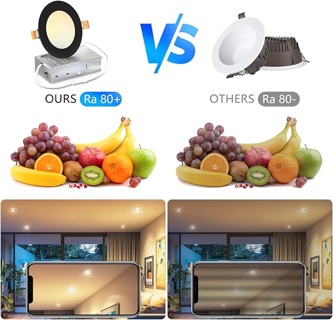 LVWIT 12 Pack Ultra-Thin Recessed Lighting 4 Inch with Junction Box, 800LM 2700K-5000K 5CCT LED Ceiling Lights, Dimmable Canless Wafer Downlight, ETL,FCC&IC, Smooth Trim, Black