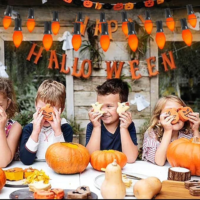 SUNSGNE C7 Christmas Orange Incandescent Night Light Bulbs, 25 Pack C7 Ceramic Replacement Bulbs for Outdoor String Lights, E12 Candelabra Base, 5 Watt, Ceramic Orange