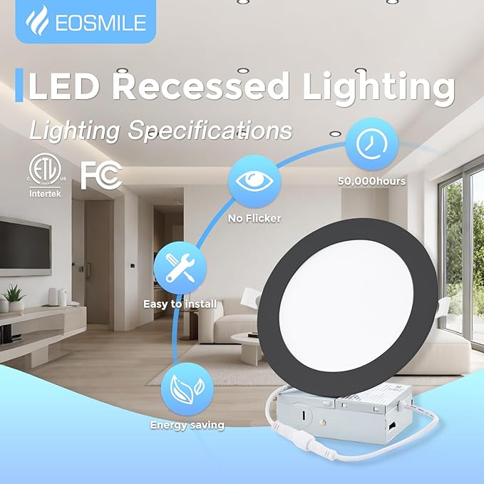 6 Pack 6 Inch LED Recessed Ceiling Light, Dimmable, 2700K 3000K 3500K 4000K 5000K 5CCT, 1100LM 12W, 120V, High Brightness Canless Wafer Downlight, ETL FCC