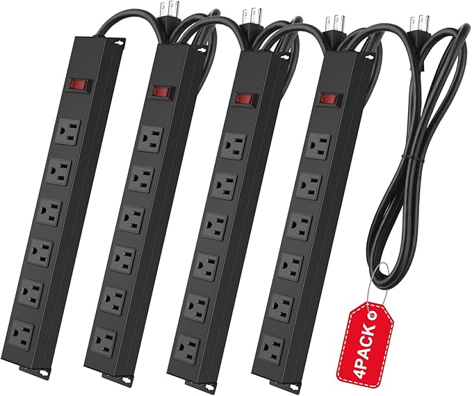 4Pack Metal Wall Mount Power Strip, Mountable Power Outlet with 6 AC Outlets, Aluminum Alloy Mount Power Socket with Switch, 6 FT SJT 3/C 14AWG Power Cord, 15A 125V 1875W (6AC)