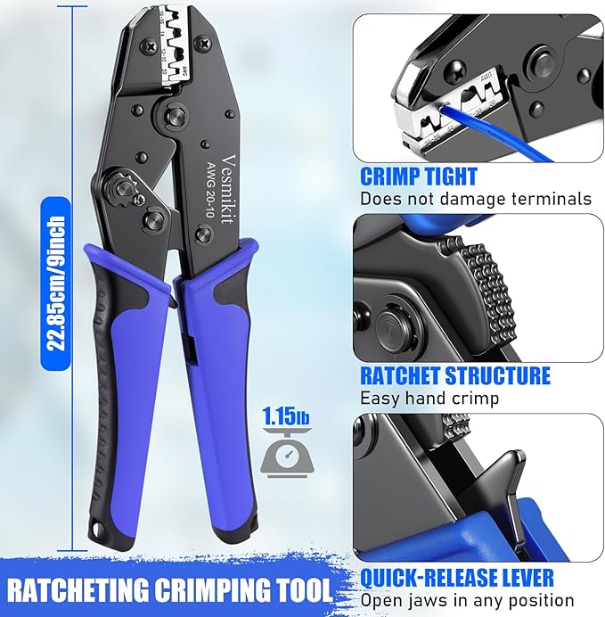 Crimping Tool for Non-Insulated Open Barrel Terminals-AWG 20-10 Ratchet Wire Crimper Tool-Wire Terminal Crimper-For Molex Female Male Spades Bullet