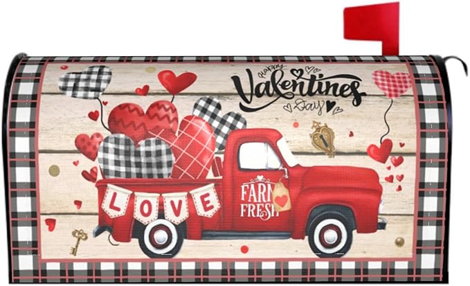 Valentines Day Mailbox Cover Magnetic Standard Size 25.5 x 21 Inch Love Hearts Red Truck Black White Buffalo Plaid Valentines Decoration Mailbox Cover Romantic Post Box Cover Wraps Garden Yard Decor