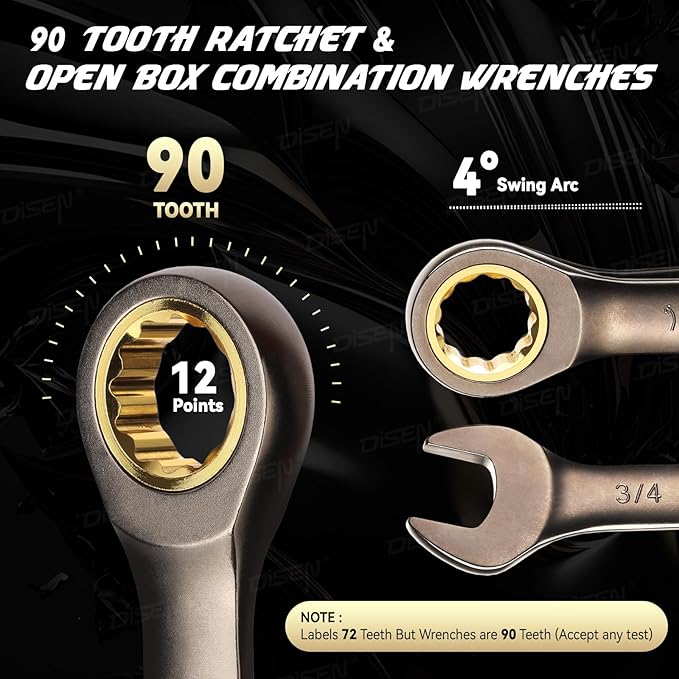 DISEN 26 Piece Ratcheting Wrenches Set 90 Teeth, Combination Wrenches Set Metric 6MM-19MM and SAE 1/4 Inch-13/16 Inch, Cr-V Steel, Ratchet Set Nickel Plating with Organizer Visit the Store