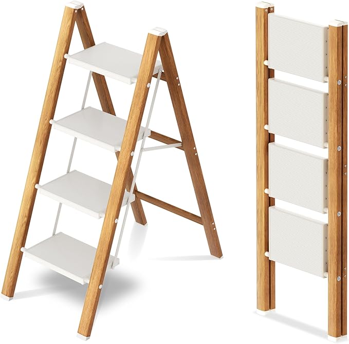 Taranta 4 Step Ladder,Aluminum Lightweight Folding 4 Step Stool with Anti-Slip Wide Pedal,330lbs Capacity Step Ladder for Household,Kitchen,Office - White Woodgrain