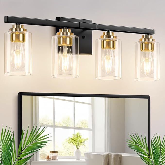 4-Light Bathroom Light Fixtures, 27" Modern Vanity Lights Over Mirror with Clear Glass Shades, Black & Gold Wall Sconce, Classic Wall Light Fixture for Mirror Living Room Cabinet Bedroom Porch Kitchen