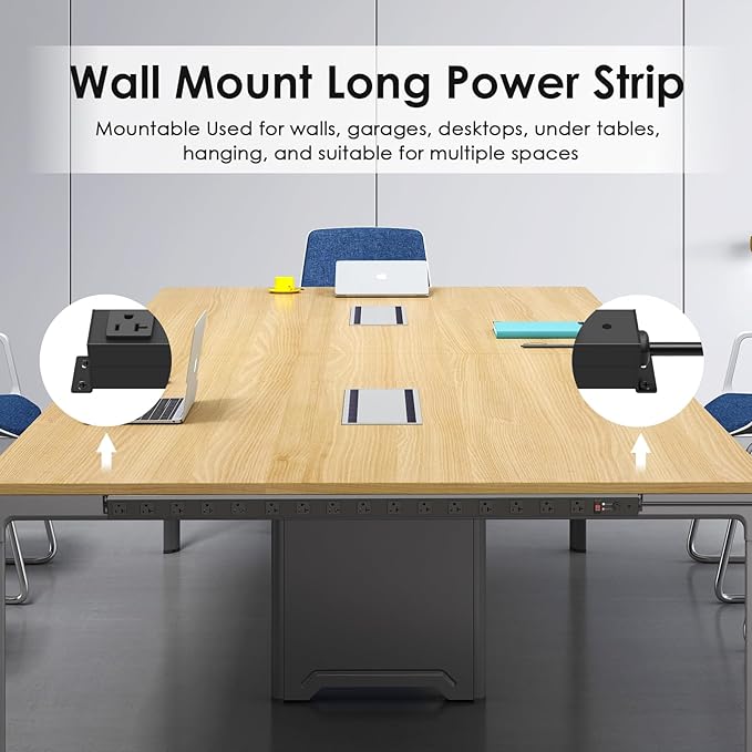 JUNNUJ Long Metal 16 Outlet Power Strip, Heavy Duty Power Strips Surge Protection 4800J with Circuit Breaker, 20a Wide Spaced Socket Wall Mount 5-15P Adapter High Amp 6-20R T-Slot 10FT Extension Cord