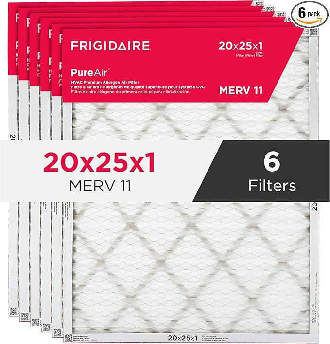 Frigidaire PureAir® 20x25x1 MERV 11 Prem Allergen Electrostatic Pleated Air Conditioner HVAC AC Furnace Filters - 6 Pack (exact dimensions 19.81 X 24.81 X 0.81)