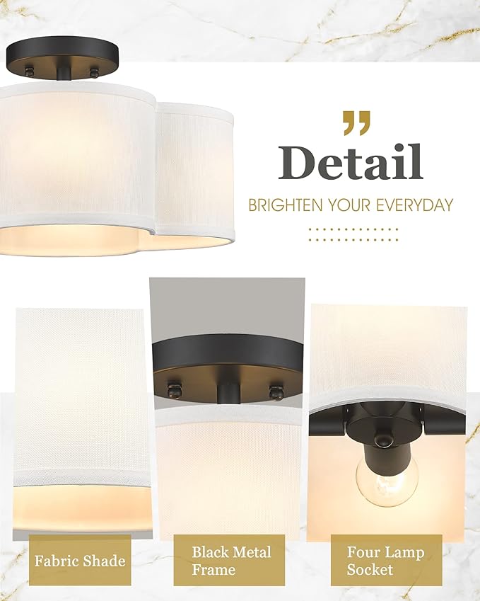 Black Semi Flush Mount Ceiling Light, Close to Ceiling Light Fixtures with Fabric Shade in Quatrefoil Shape, Farmhouse 13-inch Ceiling Light for Kitchen Hallway Bedroom, AD-22007-4SF-BK
