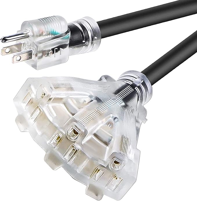 3FT 12/3 Extension Cord Heavy Duty Black 3-Outlet Indoor/Outdoor SJTW Lighted 12-Gauge Grounded Power Cable,12AWG 15 Amp, 1875 Watts，UL Listed，Safety