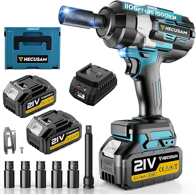 1/2" Cordless Impact Wrench, 1500N.m (1106Ft-lbs) Brushless Impact Gun, 2x4.0Ah Batteries, Max 4200RPM with Reverse Auto-Stop & LED Light for Car Truck Lug Nuts, Auto Repair, Industrial & DIY