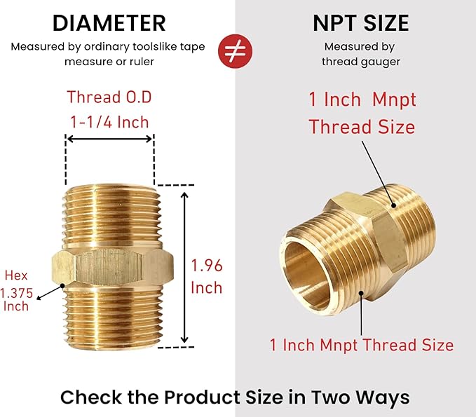 1 Inch x 1 Inch NPT Brass Hex Nipple Male Pipe Adapter, Thread OD 1-1/4", (1 Piece)