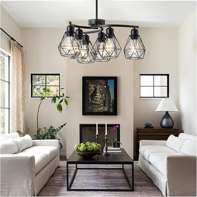 6-Light Black Chandelier,Farmhouse Chandelier for Dining Room Light Fixtures Over Table,21.7" Industrial Hanging Pendant Lighting with Metal Cage Shade for Kitchen Island Entryway Foyer Bedroom