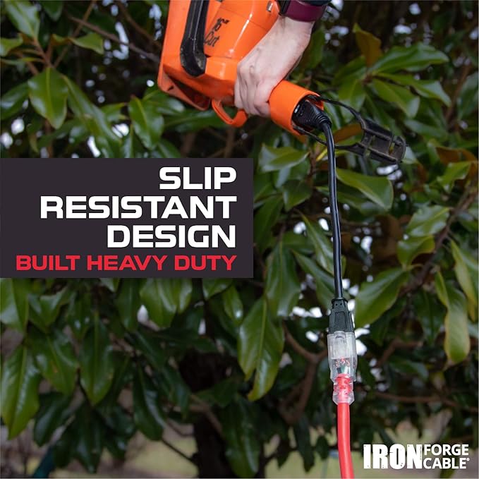 Iron Forge Cable 50 ft Lighted Outdoor Extension Cord - 12/3 SJTW Heavy Duty Red Extension Cable with 3 Prong 15 AMP Grounded Plug for Safety