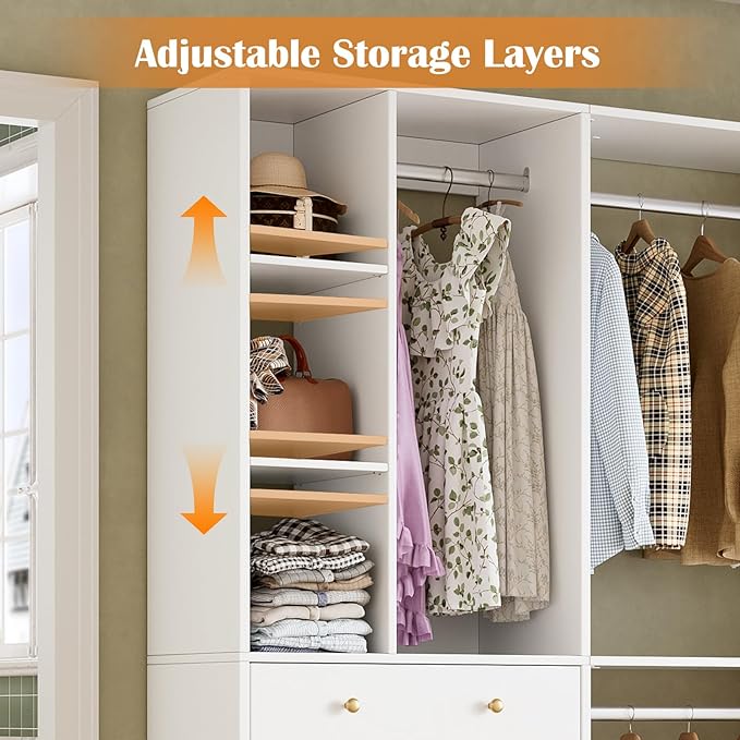 5FT Closet System with Drawers, 96 Inches Walk In Closet Organizer System with Shoe Rack, 3 Hanging Rods, Wall Mount Bedroom Wardrobe Clothes Garment Rack