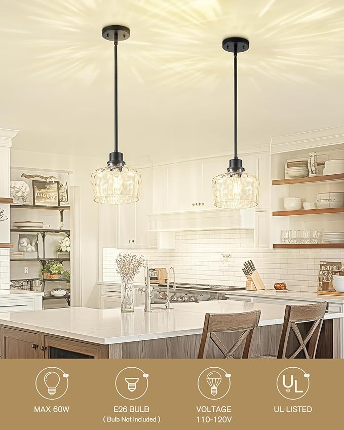 Emak 8 Inch Pendant Lights Kitchen Island, Black Pendant Light Fixtures with Hammered Glass Shade, Modern Farmhouse Island Lights for Kitchen, PL122-BK-HG