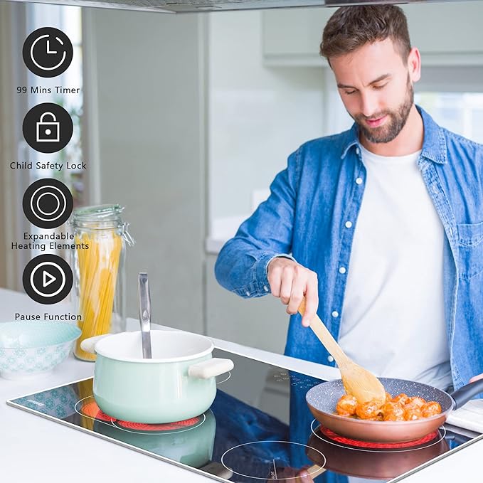 Karinear 30 Inch Electric Cooktop 4 Burners, Built-in Electric Stove top with Glass Protection Metal Frame, Expandable Burners, Multi-function Ceramic Cooktop, 220-240v Hard Wire, No Plug