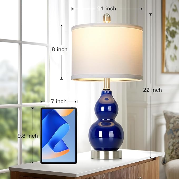 22" Double Gourd Ceramic Table Lamps Set of 2, Navy Blue Modern Bedside Lamps for Living Room, Contemporary Nightstand Desk Lamps for Bedroom End Table Home Office Decor(2 LED Bulbs Included)
