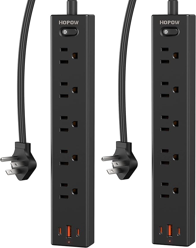 Flat Plug Power Strip, 2 Pack, 6 Ft Ultra Thin Flat Extension Cord, Surge Protector with 5 Outlets & 3 USB Ports (2 USB C Slots), 1700 Joules, 3-Prong, Wall Mount for Home Office Dorm, Black