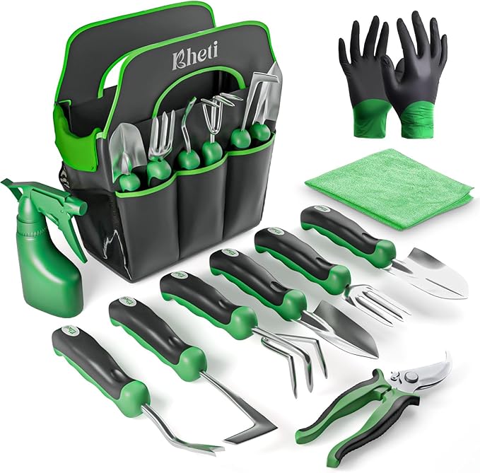 KHETI 𝗡𝗲𝘄𝗲𝘀𝘁 11-Piece Heavy Duty Stainless Steel Garden Tool Set – Includes Spade, Shovel & More, Perfect for Digging & Plant Care, Ideal Gift for Women & Mothers