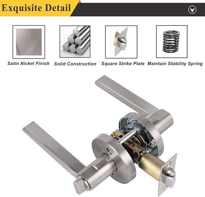 Probrico Satin Nickel Privacy Door Levers, Flat Interior Bath/Bed Door Handles, Reversible for Right & Left Handed Bedroom/Bathroom Doors, 2 Pack