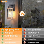 2-Pack Outdoor Light Fixtures, Waterproof Modern Exterior Wall Lantern Porch Lights, Black Wall Sconce with Clear Ribbed Glass, Outside Light with Wood Texture for House, Bulbs Not Included