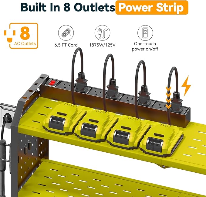 Warome Garage Power Tool Organizer with 8-Outlet Power Strip, Tool Storage Rack Wall Mount with 8 Cordless Drill Holders, Tool Organization Shelf with Charging Station in Green