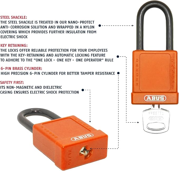 ABUS Orange Pack of 10 Lockout Tagout Premium Solid Body Safety Padlock Set - OSHA Compliant Loto Locks Insulated Against Electric Shock, Keyed Different, 1 Key Per Lock