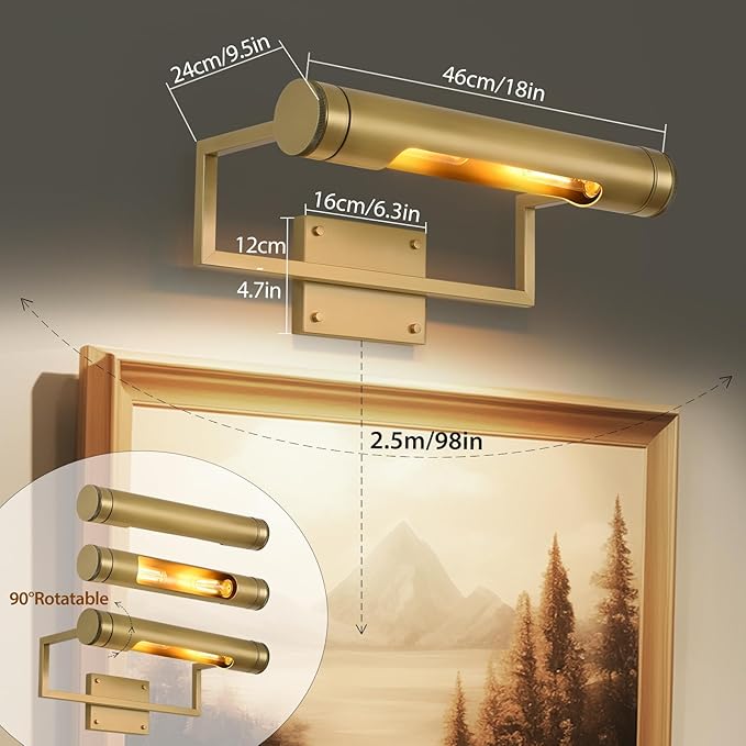 18in Picture Lights Hardwired Brass Picture Light, Gold Modern Picture Light for Wall, 360°Rotatable Art Light Gallery Lights, Wall Picture Lights Painting Light for Painting Display Artwork Portrait