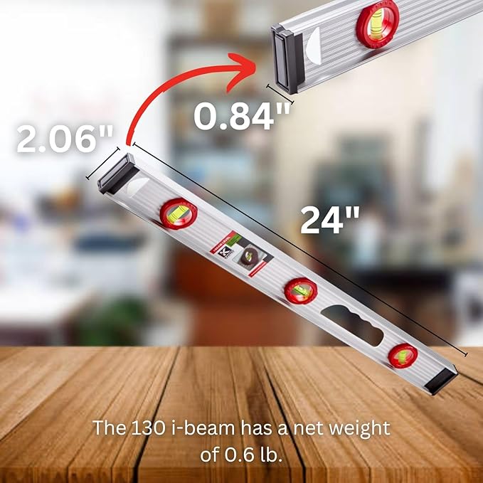 Kapro - 130 Project I-Beam Level - Features V-Groove, Horizontal, Vertical + 45° Vials - Aluminum Frame + Handle + ABS End Caps - 24 Inch