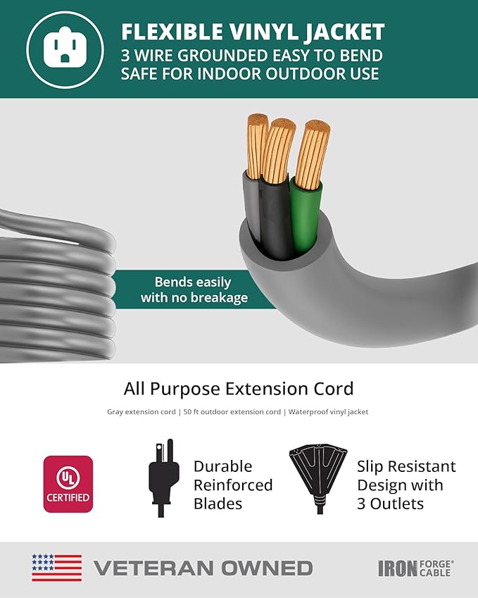 Iron Forge Cable 50 ft Gray Outdoor Extension Cord with Multiple Outlets, 16/3 SJTW 50 Foot Grey Outdoor & Indoor Extension Cord with 3 Outlets, 3 Prong, Weatherproof 13 Amp Heavy Duty Power Cable