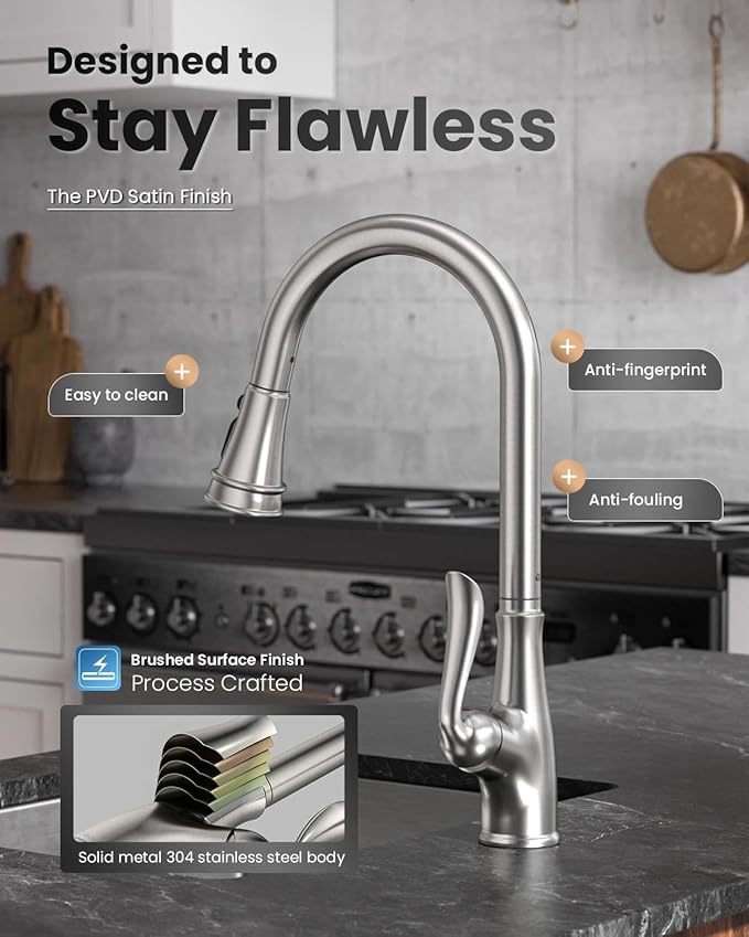 APPASO Brushed Nickel Kitchen Faucet, Single Handle Kitchen Faucet with Pull Down Sprayer, Stainless Steel High Arch, Neoperl Aerator, CUPC-Certified Pull-Out Hose, Water Supplies and Valve Core