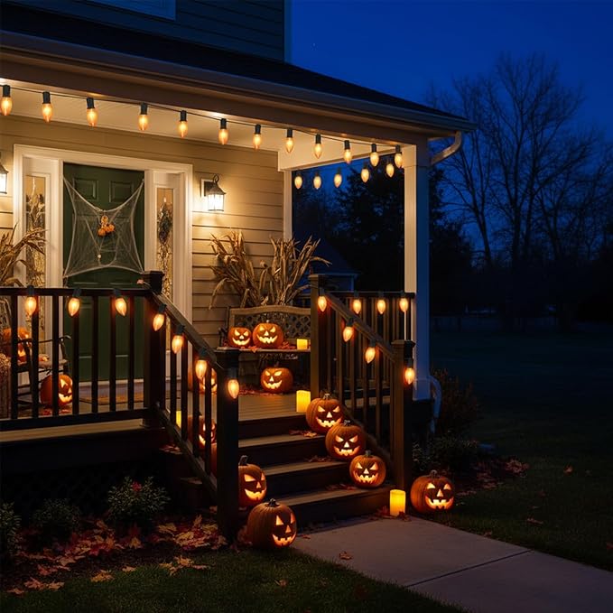 C9 Orange Halloween Light Bulbs, 25-Pack E17 Base, Waterproof Outdoor Bulbs for Halloween Decorations, Patio & Yard Lighting, Spooky Glow for Parties, Pathway & Events