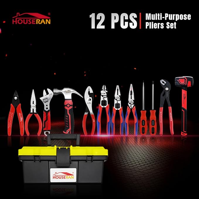 12-Piece Professional Tool Kit - Heavy Duty CRV Pliers Set, Rubber Mallet, Adjustable Wrench, Claw Hammer & Toolbox for Electrical, Household Repair, Automotive, Industries