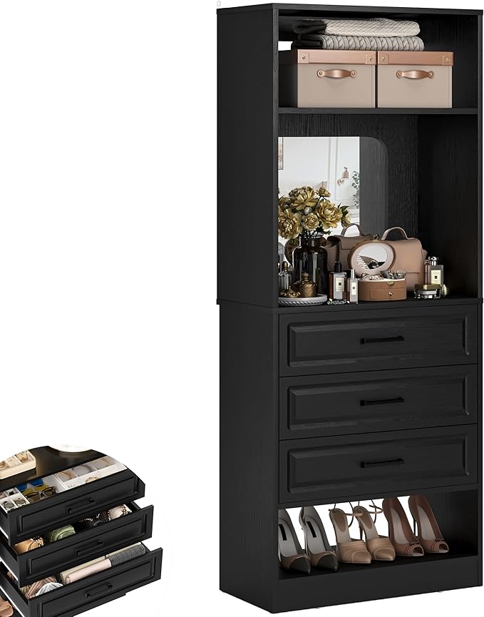 Unikito 25”Freestanding Closet System with 3 Drawers, Organizer Wardrobe with Storage Shelves and Mirror, Sturdy Wood Walk-in Organizer Systems for Small Closets, 25" W x 16" D x 80" H, Black