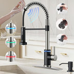 Smart Kitchen Faucet, 3 Modes Pull Down Sprayer, Touch On Sensor Activated, LED Temperature Control, 360-Degree Rotation,1 or 3 Hole Deck Plate. 10-Year Warranty. (KW-66NR, Brushed Nickel/Black)