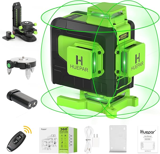 Huepar Laser Level 360 Self Leveling, 16 Lines High Accuracy ±1/9" Green Laser Level with Remote Control, 4x360 Cross Line Tiling Floor Laser Tool, 4D for Construction 904DG