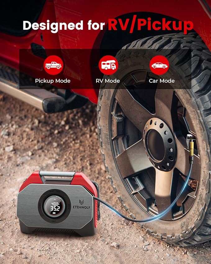 ETENWOLF Vortex S6SE Cordless Tire Inflator Portable Air Compressor, 160 PSI Air Pump for Car Tires with 15600 mAh Battery, 100% Duty Cycle & Dual Cylinder, Air Pump for Heavy-Duty Vehicle, Red