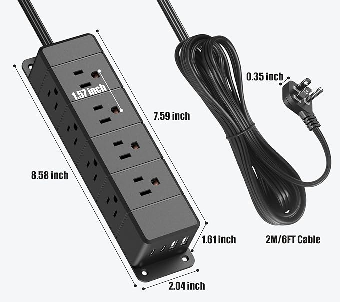 40W Fast Charging Under Desk Power Strip,12 Outlet Mountable Power Strip with 4 USB,1200J Surge Protection,10FT Flat Extension Cord Black