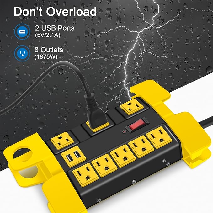 Heavy Duty Power Strip with USB, Workshop 8 Outlet Surge Protector 2700 Joules, Industrial Metal 15Amp Power Strip, 6 FT Extension Cord and Wide Spaced Black.