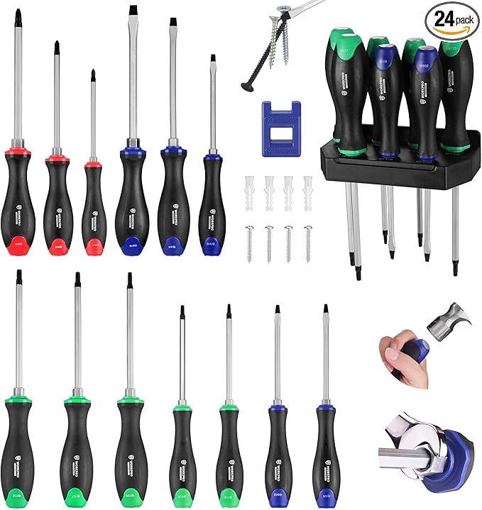 WORKPRO Magnetic Screwdriver Set 24-Piece, Go-Thru Screwdriver Set Kit with Wall Mount Rack, Includes Slotted, Phillips and Torx Screwdrivers, Magnetic Screwdriver with Magnetizer & Demagnetizer Tools