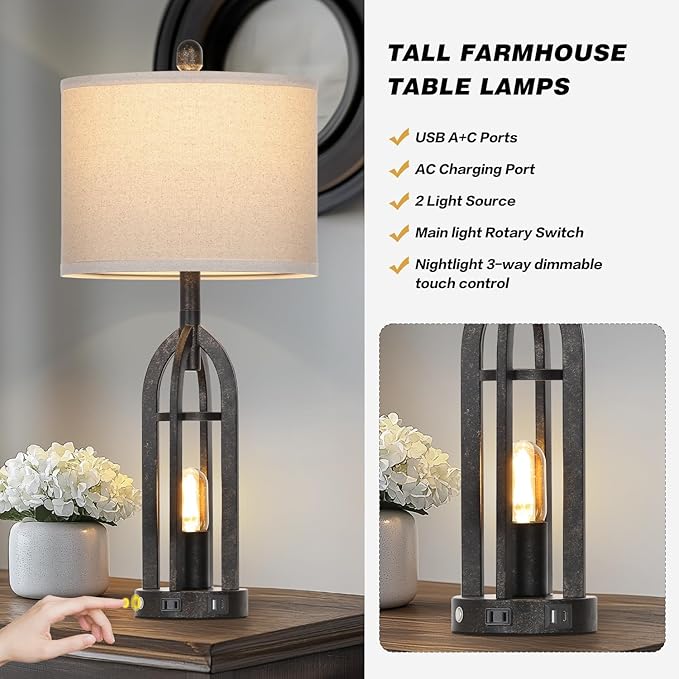 27" Rustic Table Lamps for Living Room - Farmhouse Lamps Set of 2 with USB C+A & Outlet, 3-Way Dimmable Touch Lamps for Night Stands, Vintage Bedside Lamp for End Tables,Bedroom,Bronze